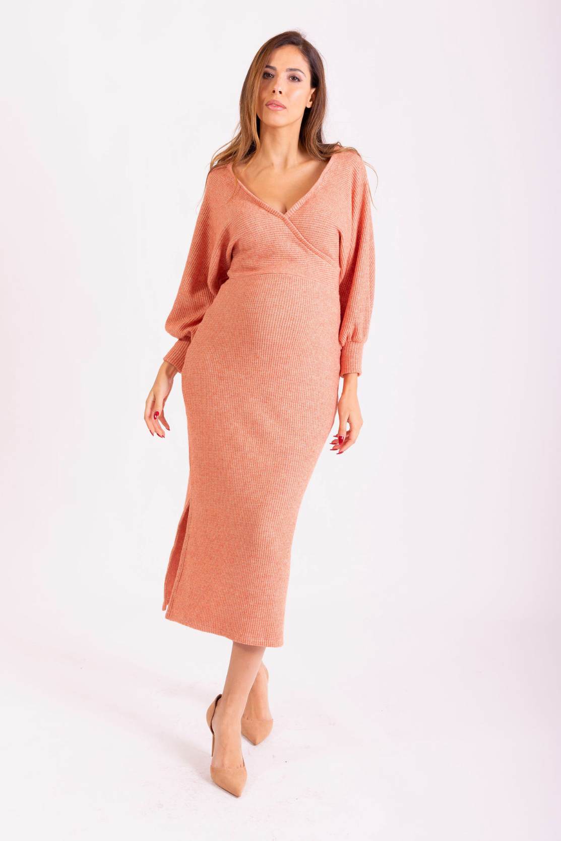 Knit Maternity & Breastfeeding Dress in Peach Sparkle Chunky Wrap Style