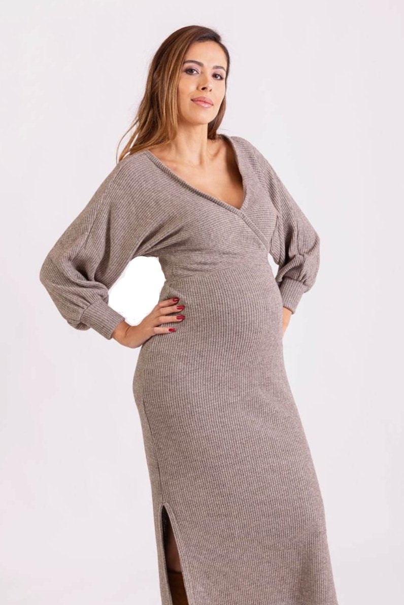 Chunky Knit Wrap Maternity & Breastfeeding Dress in Mocha Sparkle