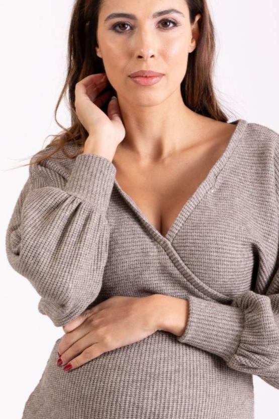 Maternity knit wrap dress that is also a nursing dress with poppers discreetly hidden at the front wrap-over - so easy for breastfeeding mothers