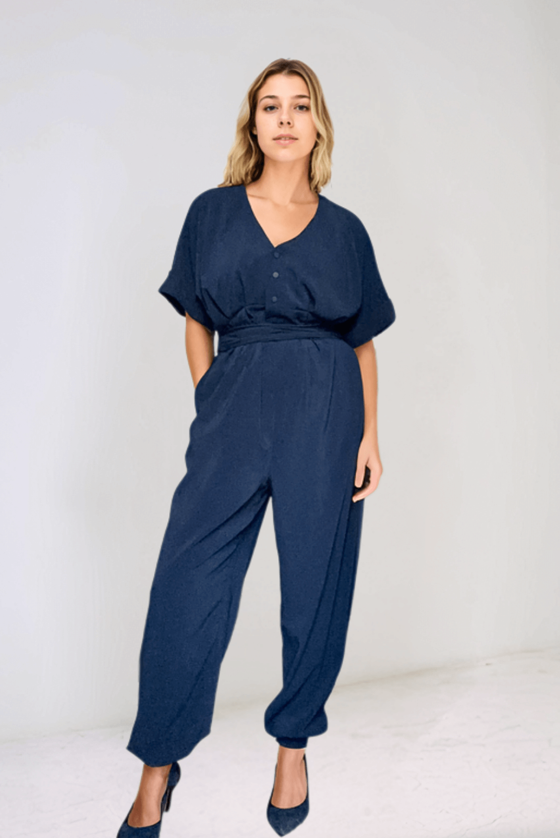 Navy Maternity Jumpsuit, Breastfeeding friendly style