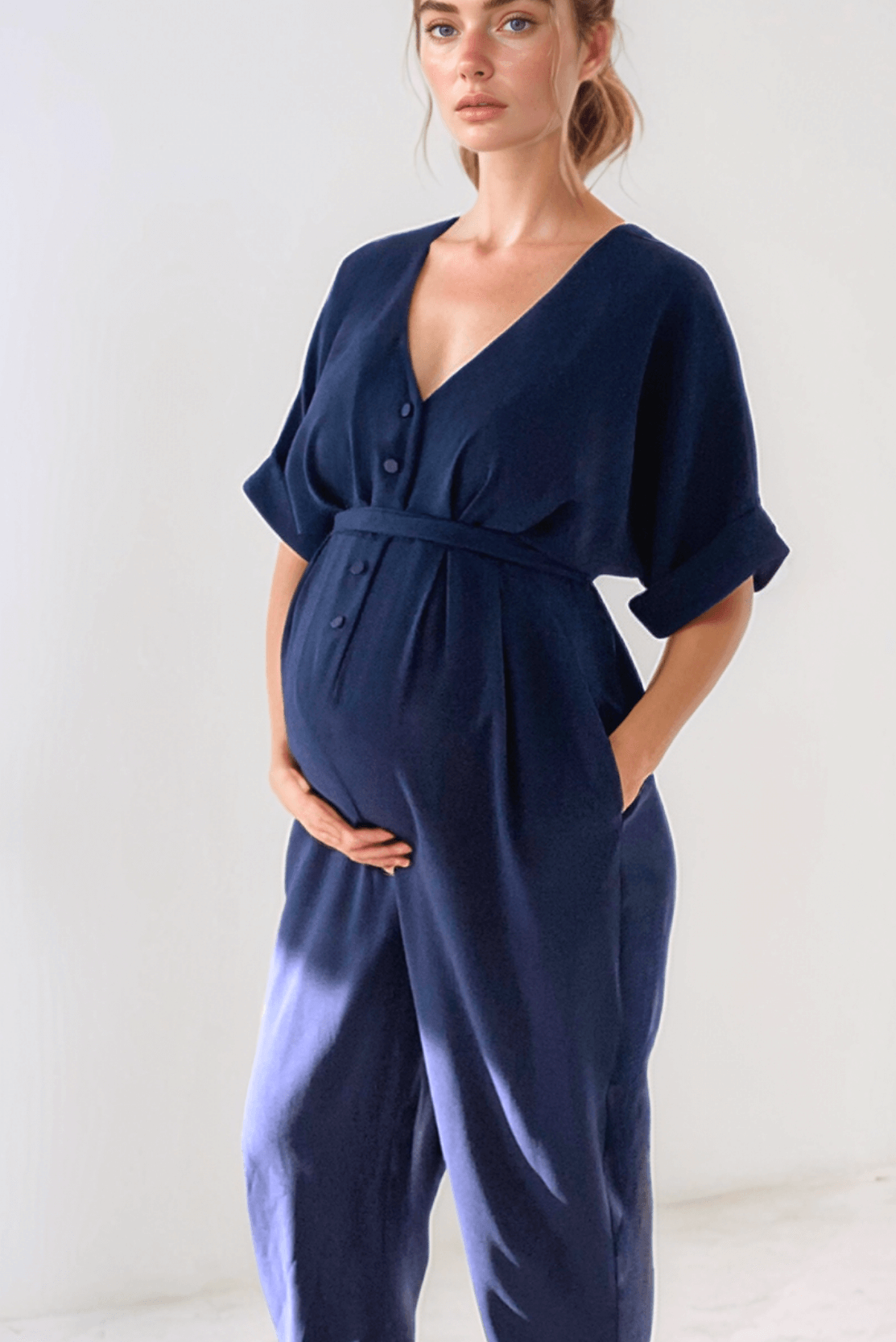 Navy Maternity Jumpsuit, Breastfeeding friendly style