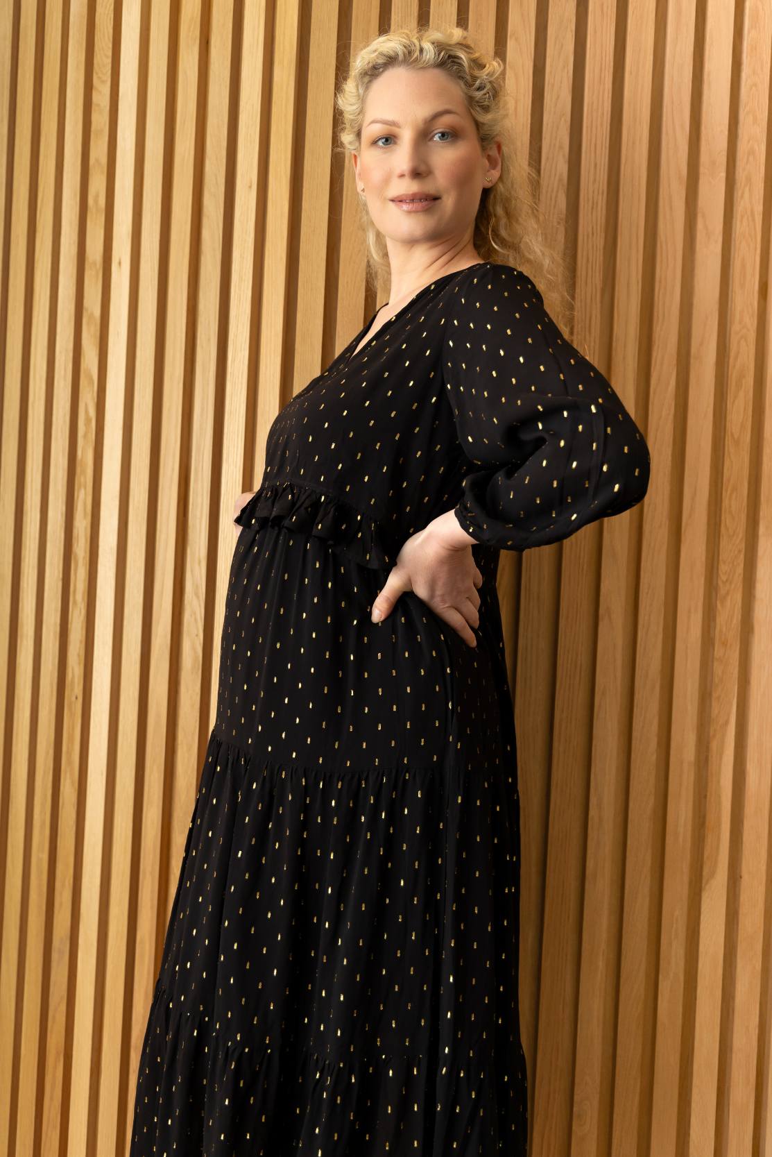 Black & gold tiered maternity and breastfeeding dress
