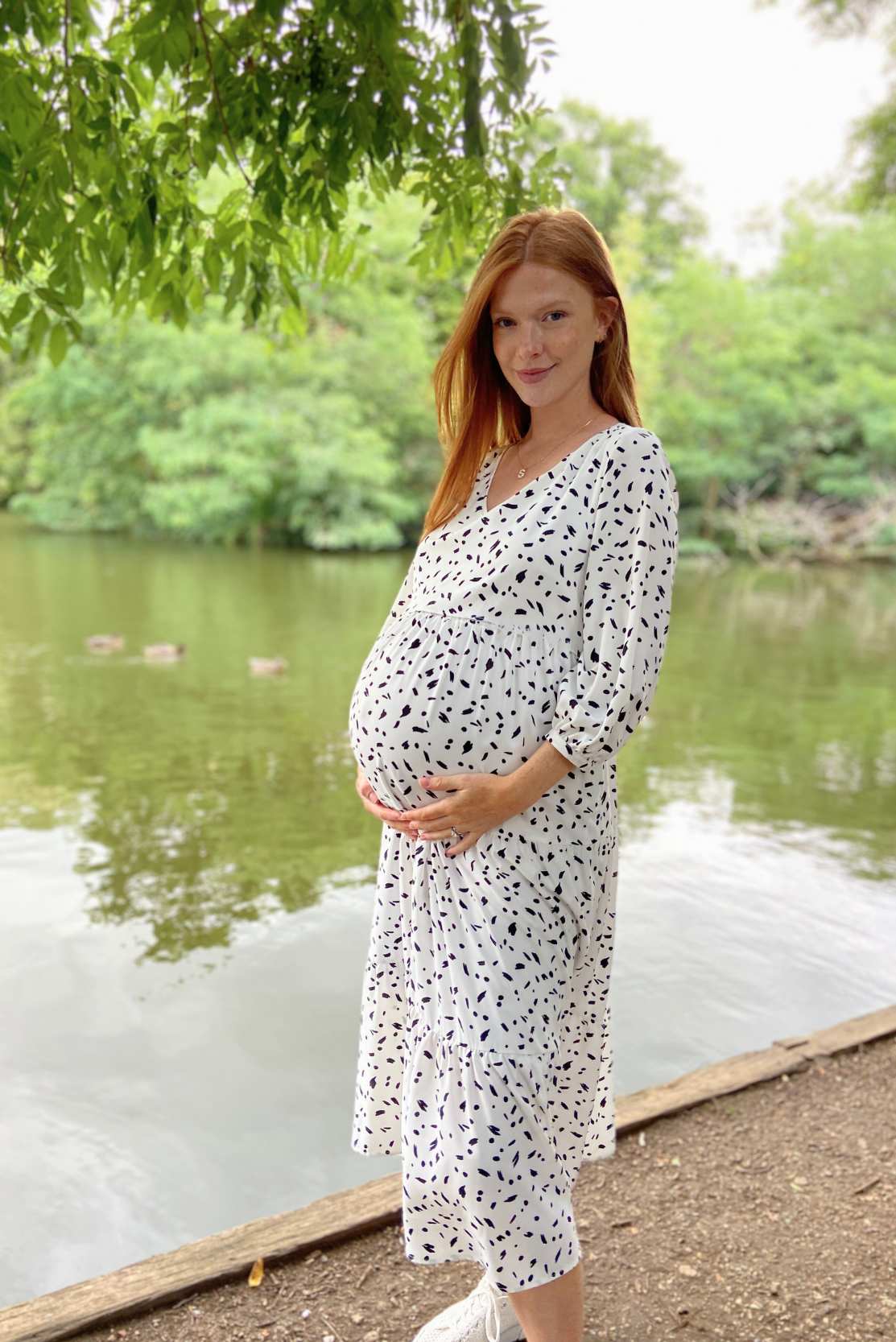 White & black tiered maternity & breastfeeding dress