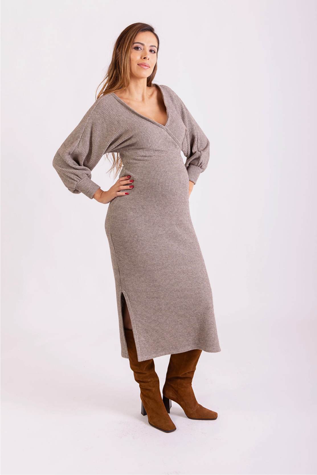 Chunky Knit Wrap Maternity & Breastfeeding Dress in Mocha Sparkle