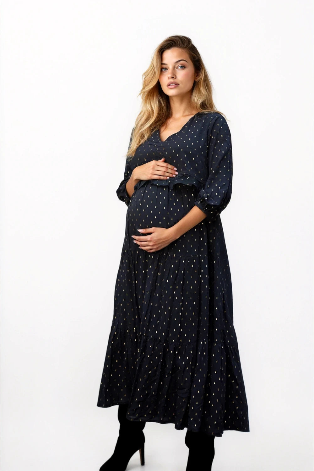 Elevated everyday black maternity dress in tiered design for autumn winter - a perfect black dress for your pregnancy capsule wardrobe for maternity workwear, maternity occasion-wear 