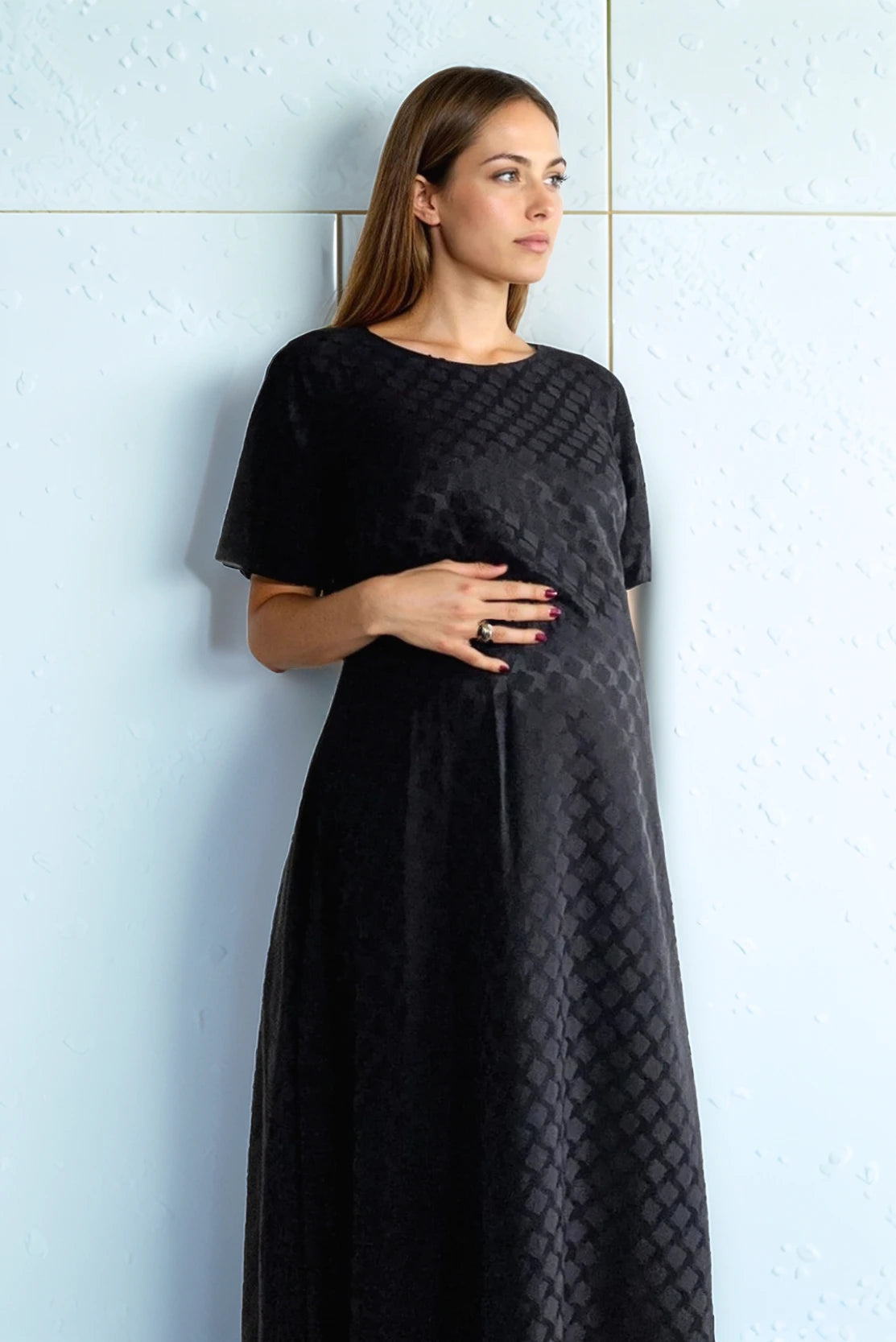Black maternity work dress suitable for the office and courtroom that won't show the bump or be tight at the back or chest - high neckline so no cleavage - best smart maternity workwear wardrobe UK Ireland 