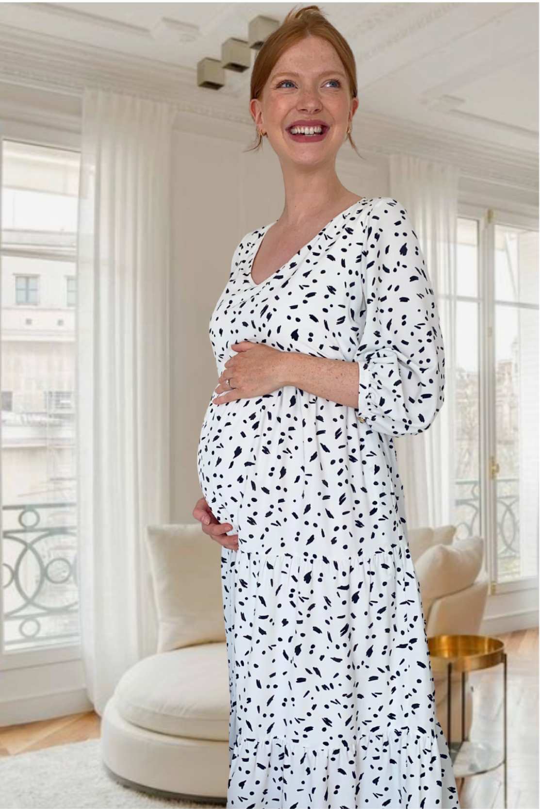 White & black tiered maternity & breastfeeding dress
