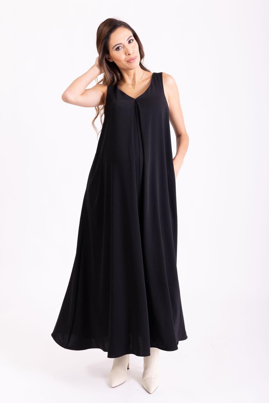 non-maternity black a-line dress from designer brand suitable for pregnancy