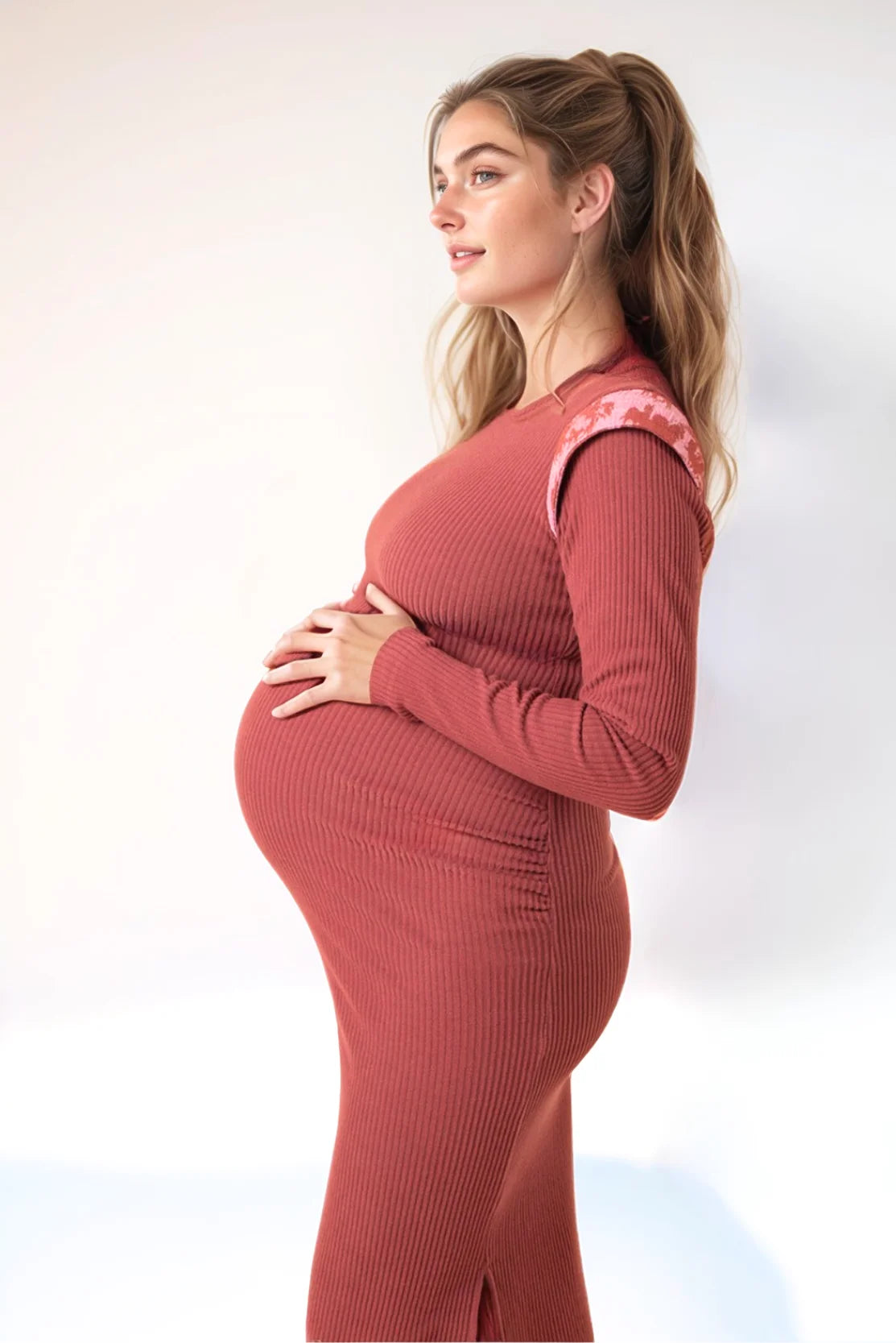 Slim-fit ribbed maternity dress in Berry