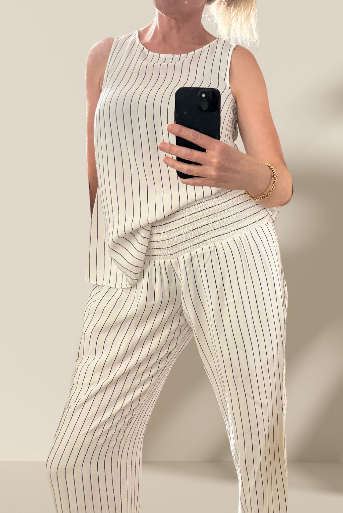 A-line Sleeveless Top in White & Black Pinstripes