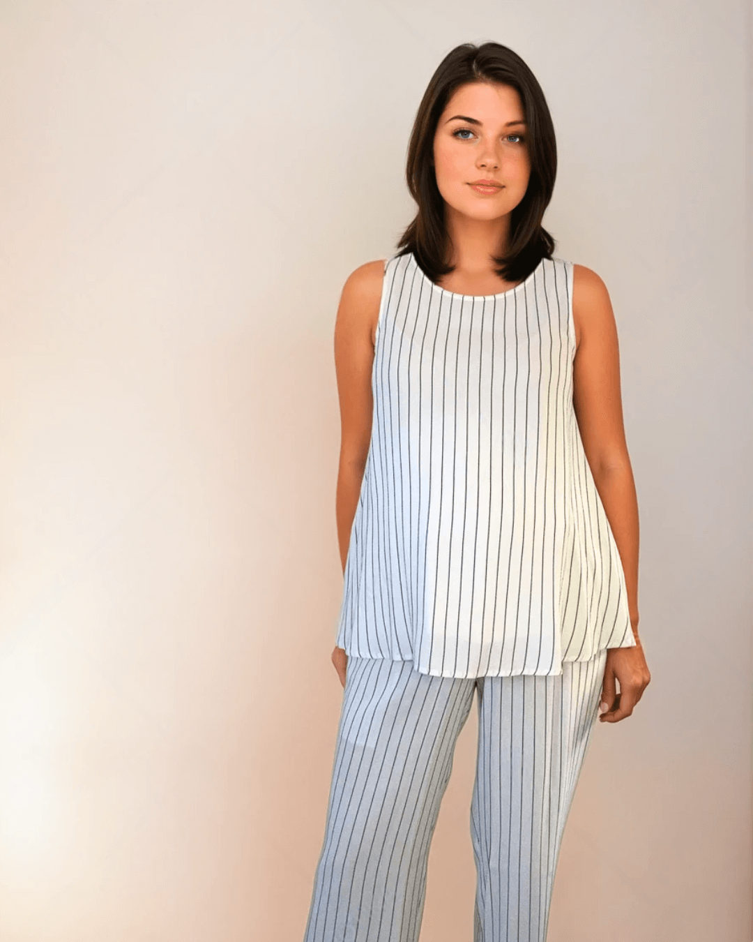 smart modern pregnancy style designer maternity brand label in UK, Ireland, NYC, Dubai doing premium luxury designer quality clothing matching co ord sets designed for pregnancy and postpartum with summer trousers with elasticated waists