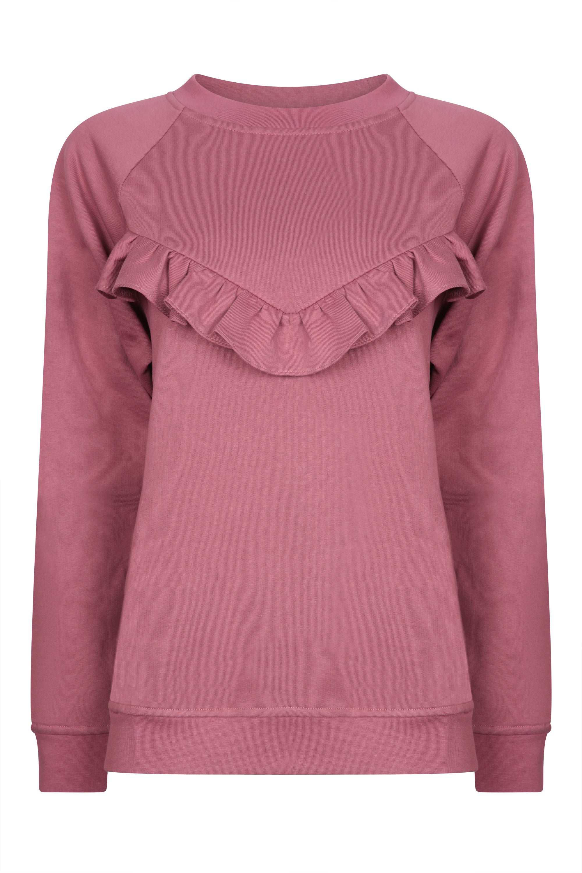 Breastfeeding Sweatshirt in Rose. Fashion meets functionality with this beautiful feminine style breastfeeding sweatshirt for new mums. Organic cotton soft against both yours and baby's skin. Concealed zips under the ruffle, open for perfect feeding access for your baby.