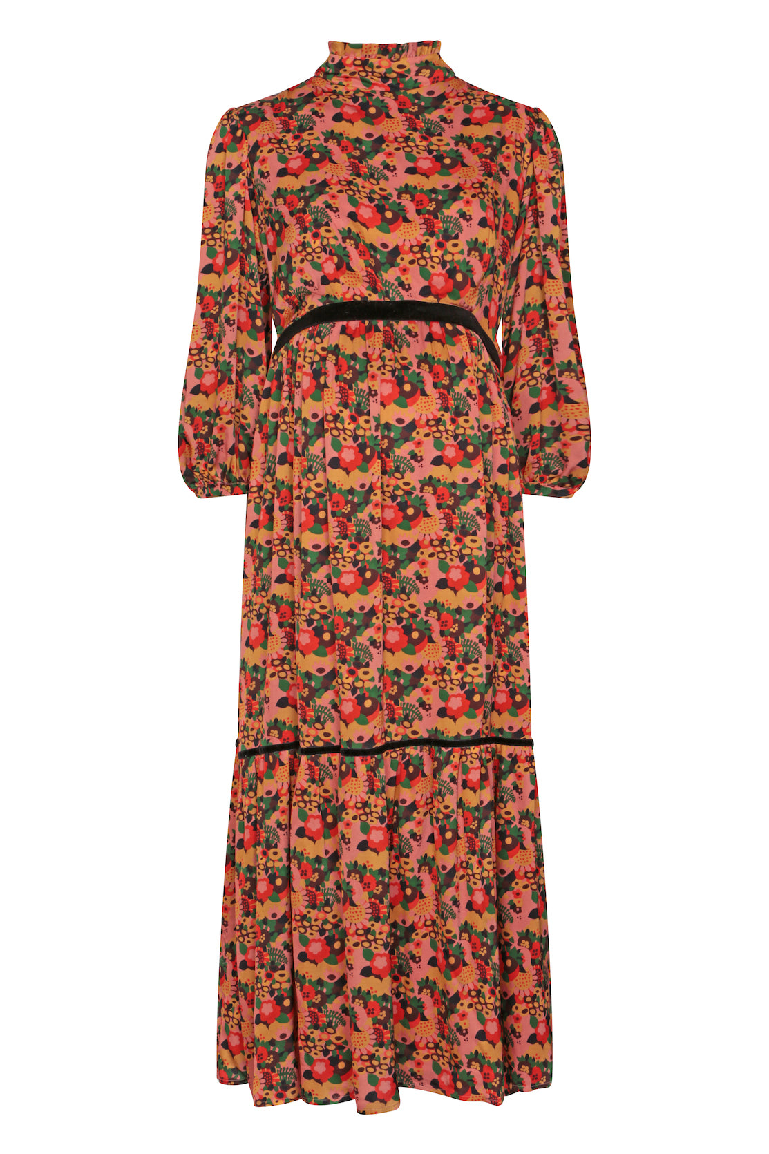 Floral maternity and breastfeeding dress. Stylish maternity occasion wear dress for all stages of motherhood. A Bump-to-Baby long midi dress, designed to flatter every trimester and then with discreet zips for nursing mothers. Vibrant winter tones on a luxuriant sateen fabric, that will take you from day to evening.