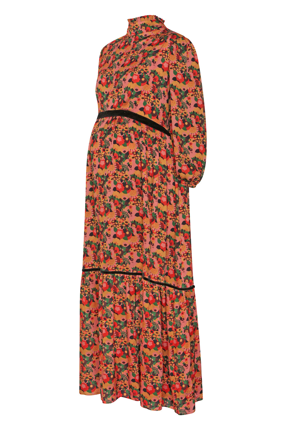 Floral maternity and breastfeeding dress. Stylish maternity occasion wear dress for all stages of motherhood. A Bump-to-Baby long midi dress, designed to flatter every trimester and then with discreet zips for nursing mothers. Vibrant winter tones on a luxuriant sateen fabric, that will take you from day to evening.