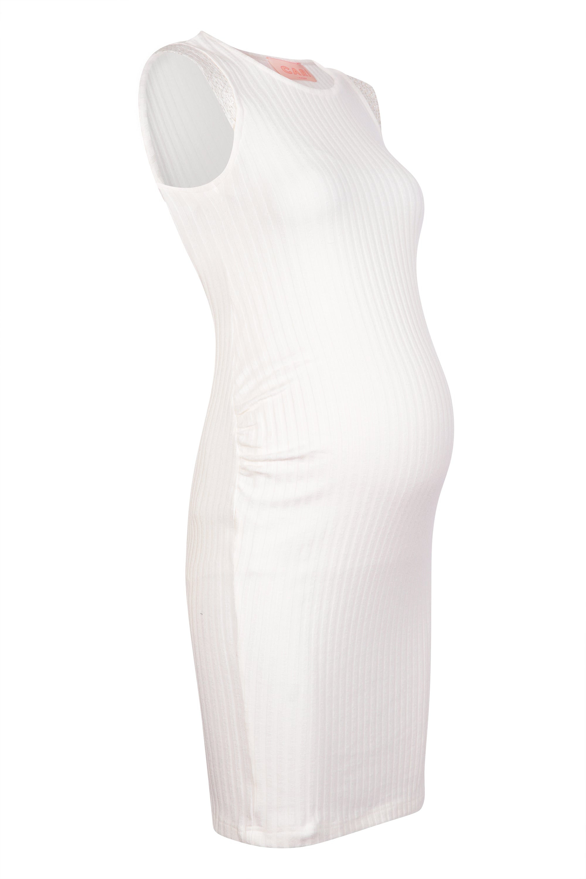 Soft silky ivory rib with gold and cream shoulder panels, CARI’s signature body con maternity dress in above-the-knee length is ideal for special occasions. Designed to flatter the bump, with fabric that feels soft against your skin while keeping you cool. An essential for the summer maternity wardrobe.
